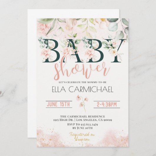 Blush Rozen Baby shower Uitnodiging (Voorkant / Achterkant)