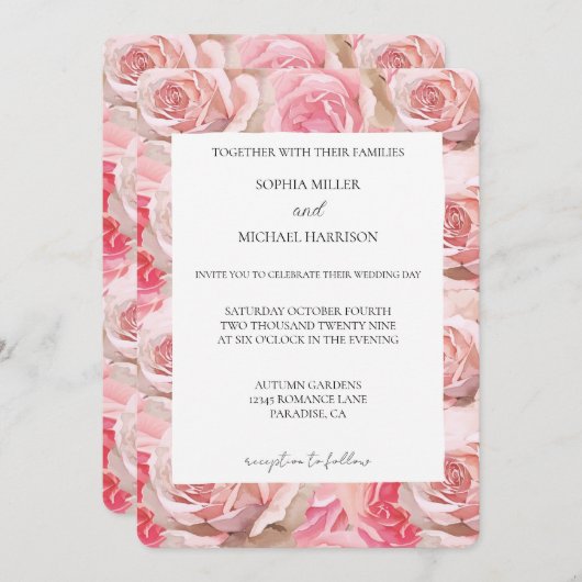  Blush Rozen Bloemen Huwelijk Kaart (Voorkant / Achterkant)