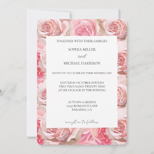 Blush Rozen Bloemen Huwelijk Kaart (Voorkant)