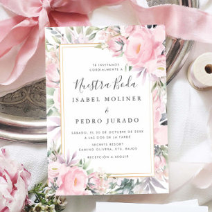 Blush Rozen Bloemen Nuestra Boda Spaans Bruiloft Kaart