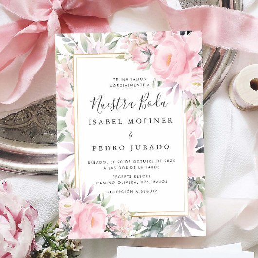 Blush Rozen Bloemen Nuestra Boda Spaans Bruiloft Kaart