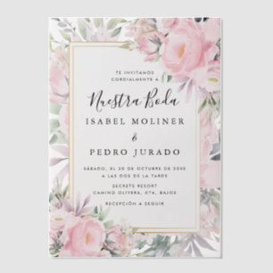 Blush Rozen Bloemen Nuestra Boda Spaans Bruiloft Vellum Uitnodigingen