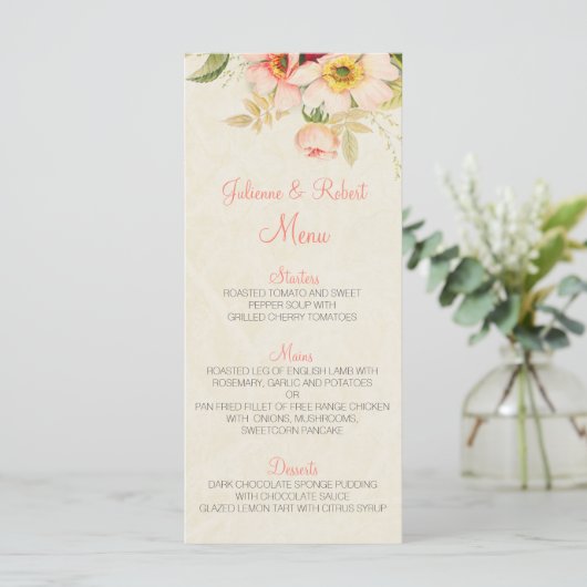  Blush Rozen Bloemen Trouwmenu Menu (Staand voorkant)