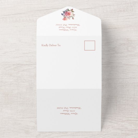 Blush Rozen Boho Bruiloft a All In One Uitnodiging (Buitenkant)