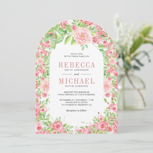 Blush Rozen Boog Bloemen Alles In Een Huwelijk Kaart (Staand voorkant)
