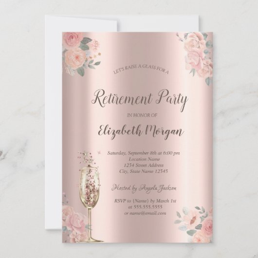 Blush Rozen, Champagneglas, Roos Gold Pensioen Kaart (Voorkant)
