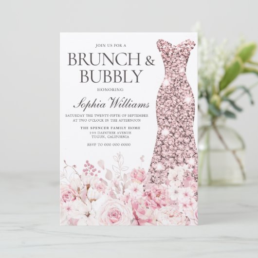 Blush Rozen Dress Vrijgezellenfeest Brunch & Bubbl Kaart (Staand voorkant)