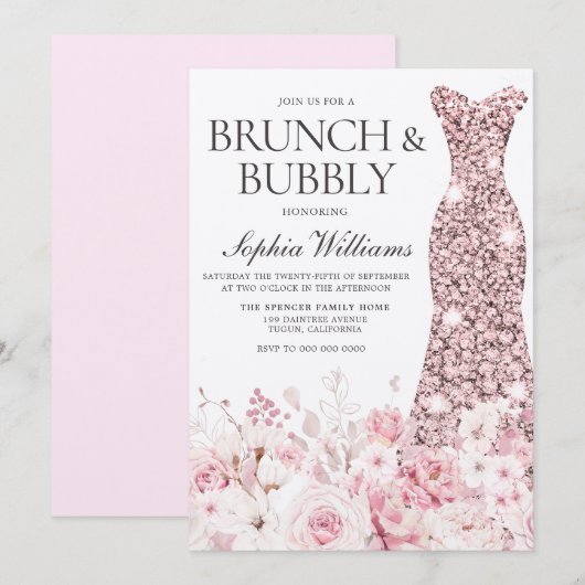 Blush Rozen Dress Vrijgezellenfeest Brunch & Bubbl Kaart (Voorkant / Achterkant)