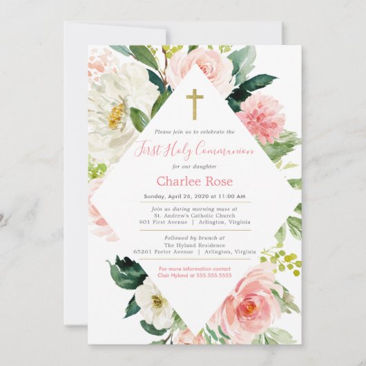 Blush Rozen Eerste communiqué & Brunch Pink & Whit Kaart (Voorkant)