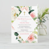 Blush Rozen Eerste communiqué & Brunch Pink & Whit Kaart (Staand voorkant)