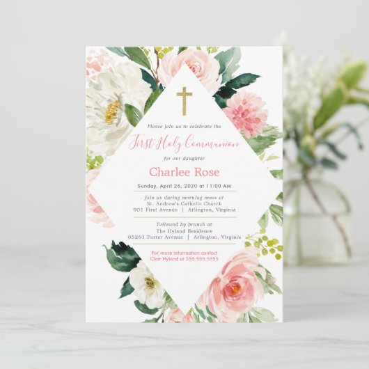 Blush Rozen Eerste communiqué & Brunch Pink & Whit Kaart (Staand voorkant)