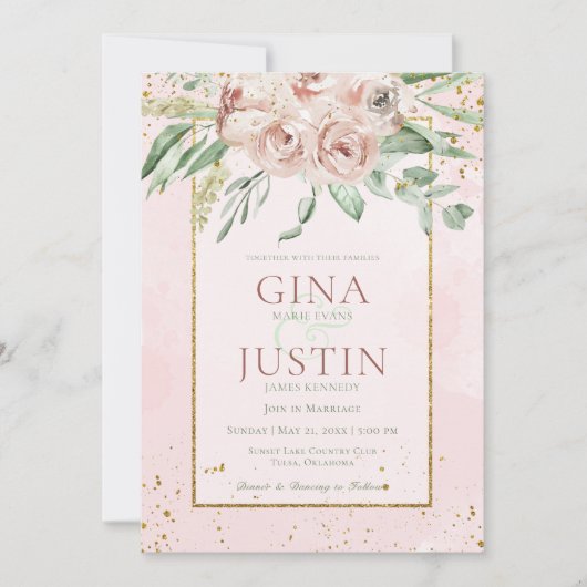 Blush Rozen en gouden accenten huwelijksuitnodigin Kaart (Voorkant)