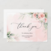 blush rozen en groen gebladerte goud ovaal bedankkaart (Voorkant / Achterkant)