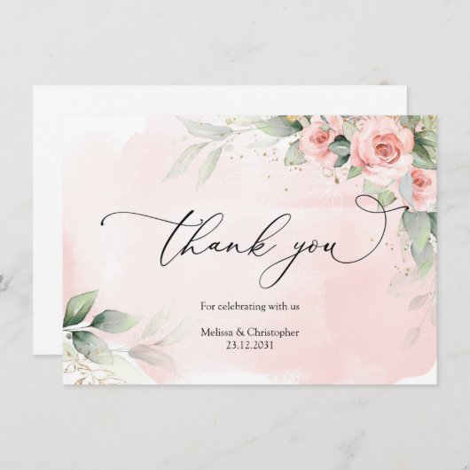 blush rozen en groen gebladerte goud ovaal bedankkaart (Voorkant / Achterkant)