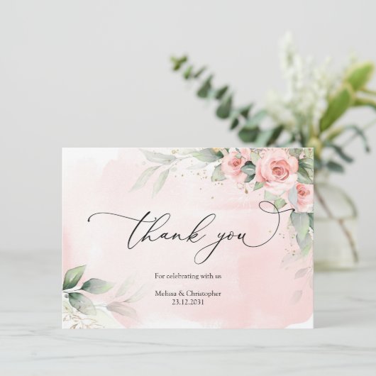  blush rozen en groen gebladerte goud ovaal bedankkaart (Staand voorkant)