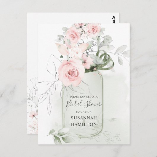 Blush Rozen en Pastel Green Mason Jar Bridal Briefkaart (Voorkant / Achterkant)