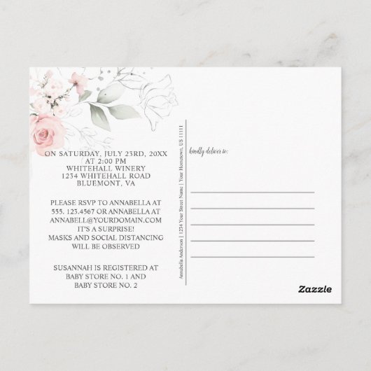 Blush Rozen en Pastel Green Mason Jar Bridal Briefkaart (Achterkant)