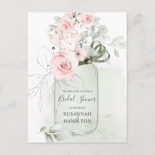 Blush Rozen en Pastel Green Mason Jar Bridal Briefkaart (Voorkant)