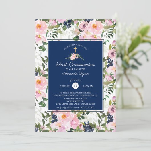 Blush Rozen en pinda's First Communie Kaart (Staand voorkant)