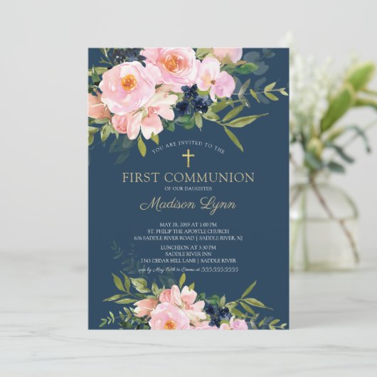 Blush Rozen en pinda's First Communie Kaart (Staand voorkant)