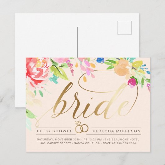 Blush | Rozen en Vrijgezellenfeest met gouden diam Uitnodiging Briefkaart (Voorkant / Achterkant)