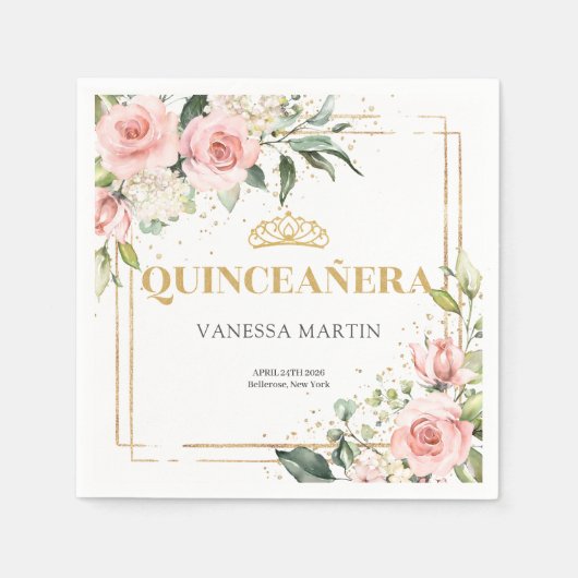 Blush rozen eucalyptus goud tiara 15e verjaardag servet (Voorkant)