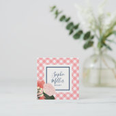 Blush Rozen Floral en Blush Coral Gingham Vierkante Visitekaartje (Staand voorkant)