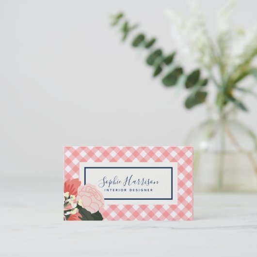 Blush Rozen Floral en Blush Coral Gingham Visitekaartje (Staand voorkant)