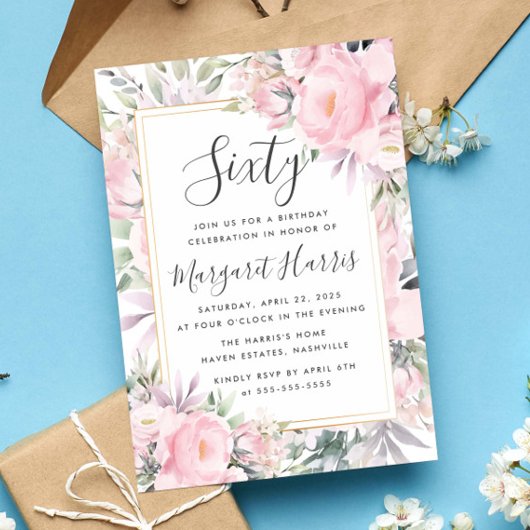 Blush Rozen Floral Gold Lijst 60th Sixty Birthday Kaart