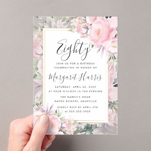 Blush Rozen Floral Gold Lijst 80e tachtigjarig Acryl Uitnodigingen (Insitu (Draagbaar))