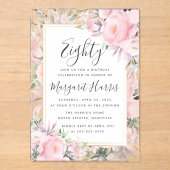 Blush Rozen Floral Gold Lijst 80e tachtigjarig Acryl Uitnodigingen (Voorkant)