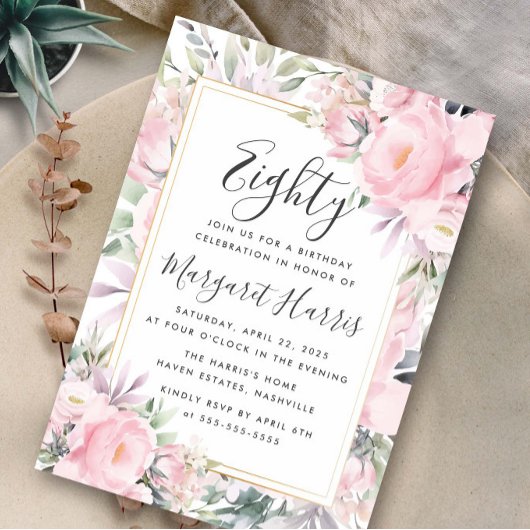 Blush Rozen Floral Gold Lijst 80e tachtigjarig Kaart