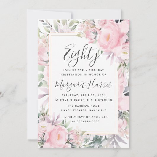 Blush Rozen Floral Gold Lijst 80e tachtigjarig Kaart (Voorkant)