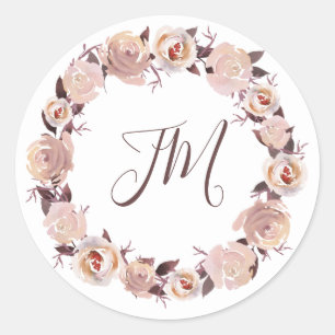 Blush Rozen Floral krans Monogram bruiloft Ronde Sticker