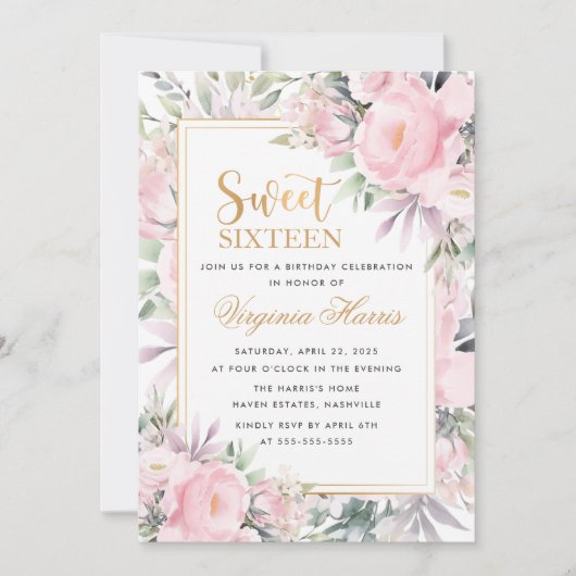 Blush Rozen Floral Sweet Sixteen 16 Verjaardag Kaart (Voorkant)