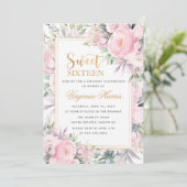 Blush Rozen Floral Sweet Sixteen 16 Verjaardag Kaart (Staand voorkant)