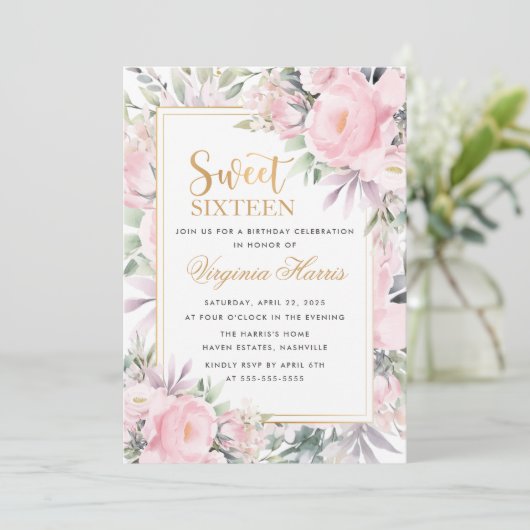 Blush Rozen Floral Sweet Sixteen 16 Verjaardag Kaart (Staand voorkant)
