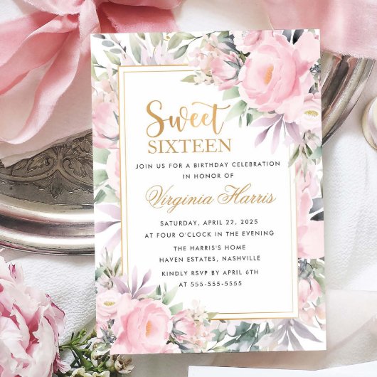 Blush Rozen Floral Sweet Sixteen 16 Verjaardag Kaart