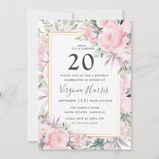 Blush Rozen Floral Twenty 20th Birthday Kaart (Voorkant)