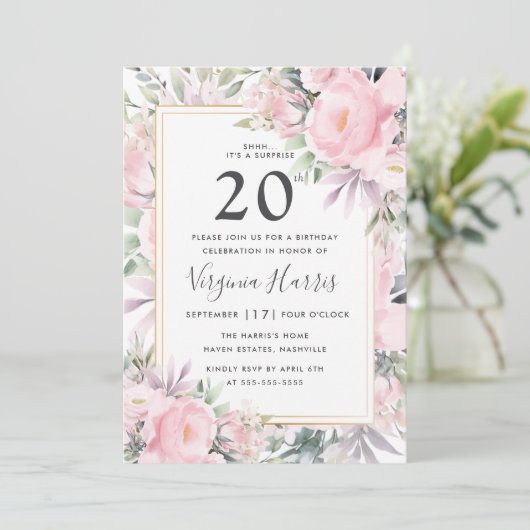 Blush Rozen Floral Twenty 20th Birthday Kaart (Staand voorkant)