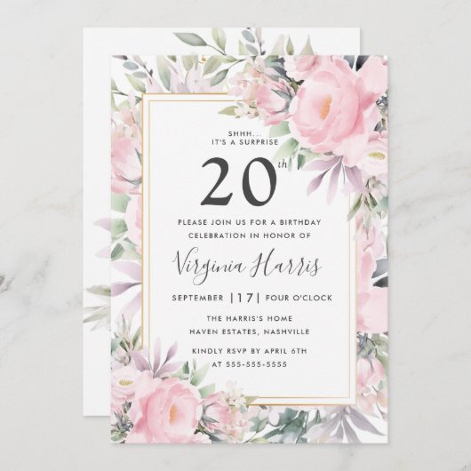 Blush Rozen Floral Twenty 20th Birthday Kaart (Voorkant / Achterkant)