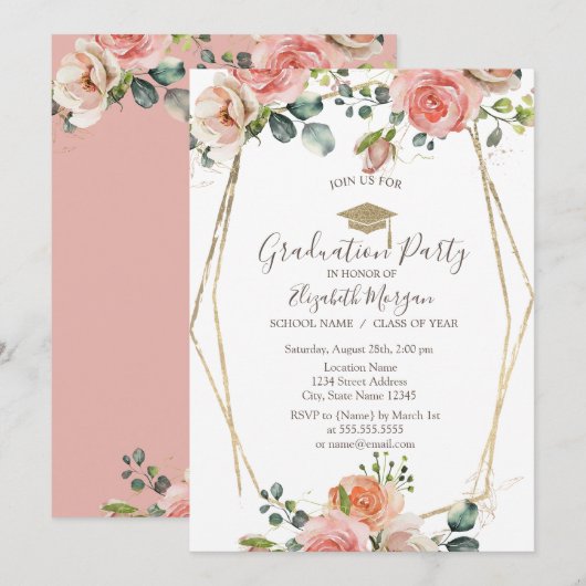 Blush Rozen Frame, Afstudeerhoed, Afstuderen Kaart (Voorkant / Achterkant)