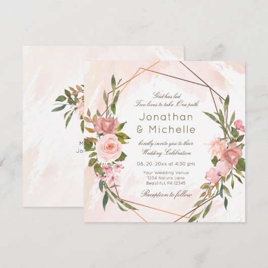 Blush Rozen Gold Geometric Lijst Christelijk Wedde Kaart (Voorkant / Achterkant)