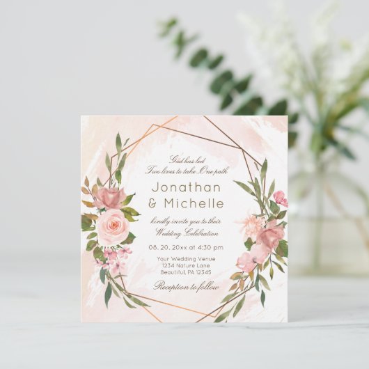 Blush Rozen Gold Geometric Lijst Christelijk Wedde Kaart (Staand voorkant)