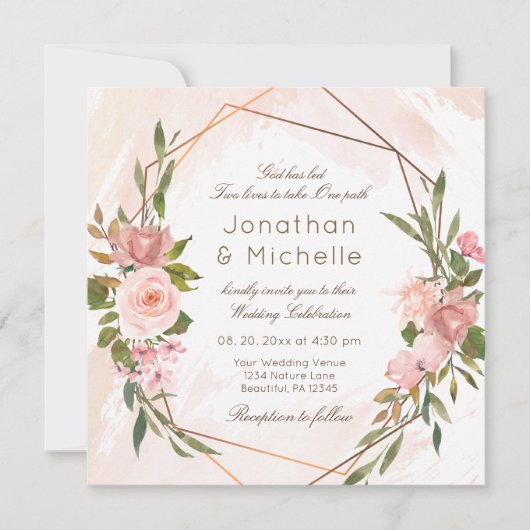 Blush Rozen Gold Geometric Lijst Christelijk Wedde Kaart (Voorkant)