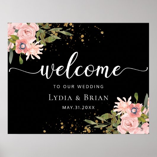Blush Rozen & Gold op Black WeduwWelkomstbord Poster (Voorkant)