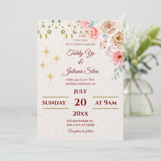 Blush Rozen & Gold Stars Huwelijksuitnodiging Kaart (Staand voorkant)