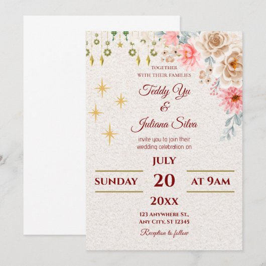 Blush Rozen & Gold Stars Huwelijksuitnodiging Kaart (Voorkant / Achterkant)