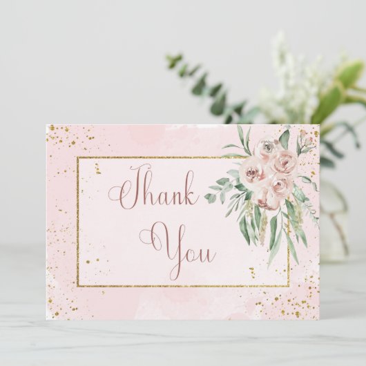 Blush Rozen & gouden accenten bruiloft Bedankkaart (Staand voorkant)