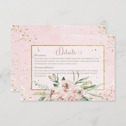 Blush Rozen & gouden accenten Bruiloft Details Informatiekaartje (Voorkant / Achterkant)